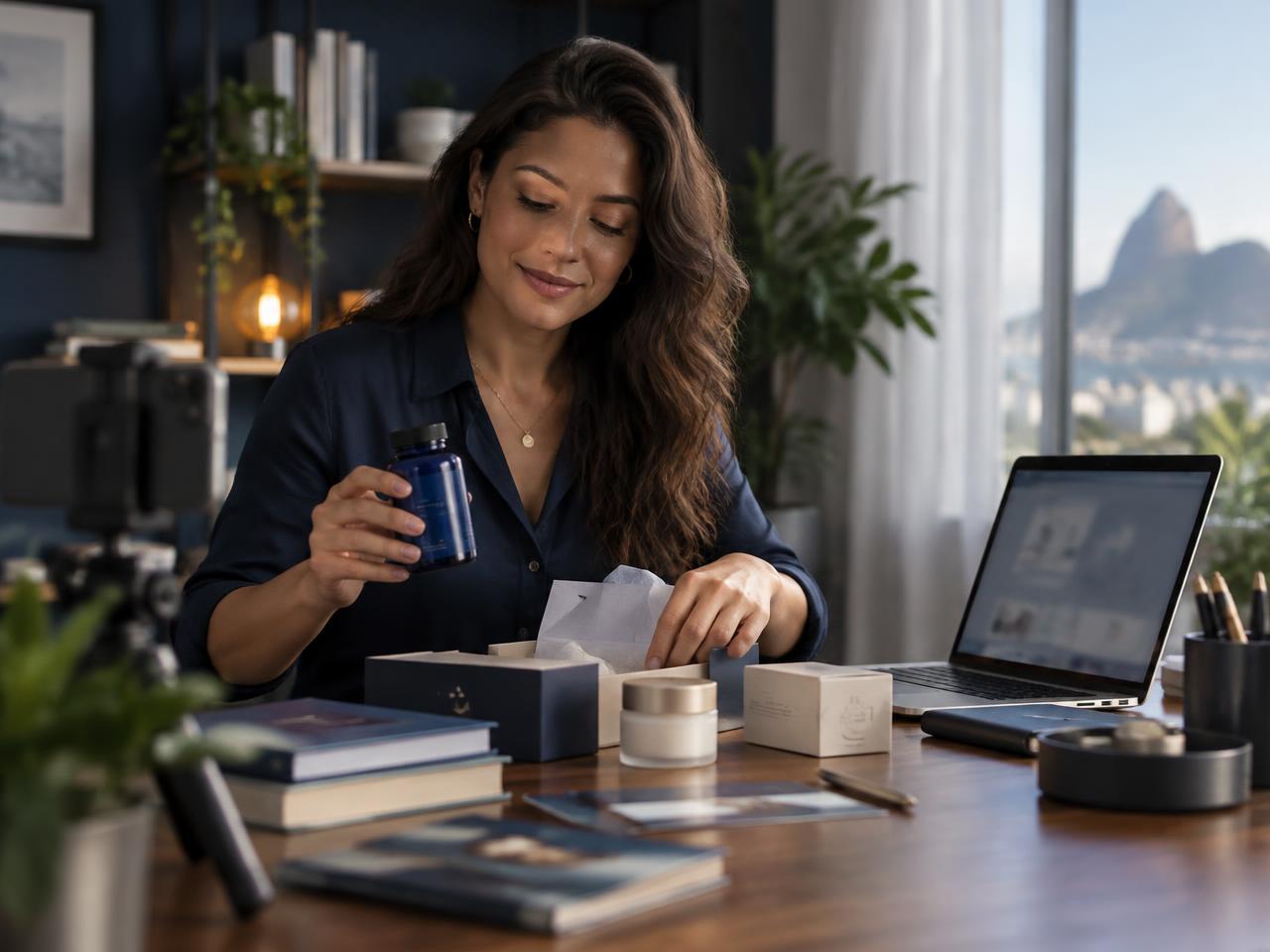 Criadora brasileira preparando produtos físicos para complementar sua oferta digital