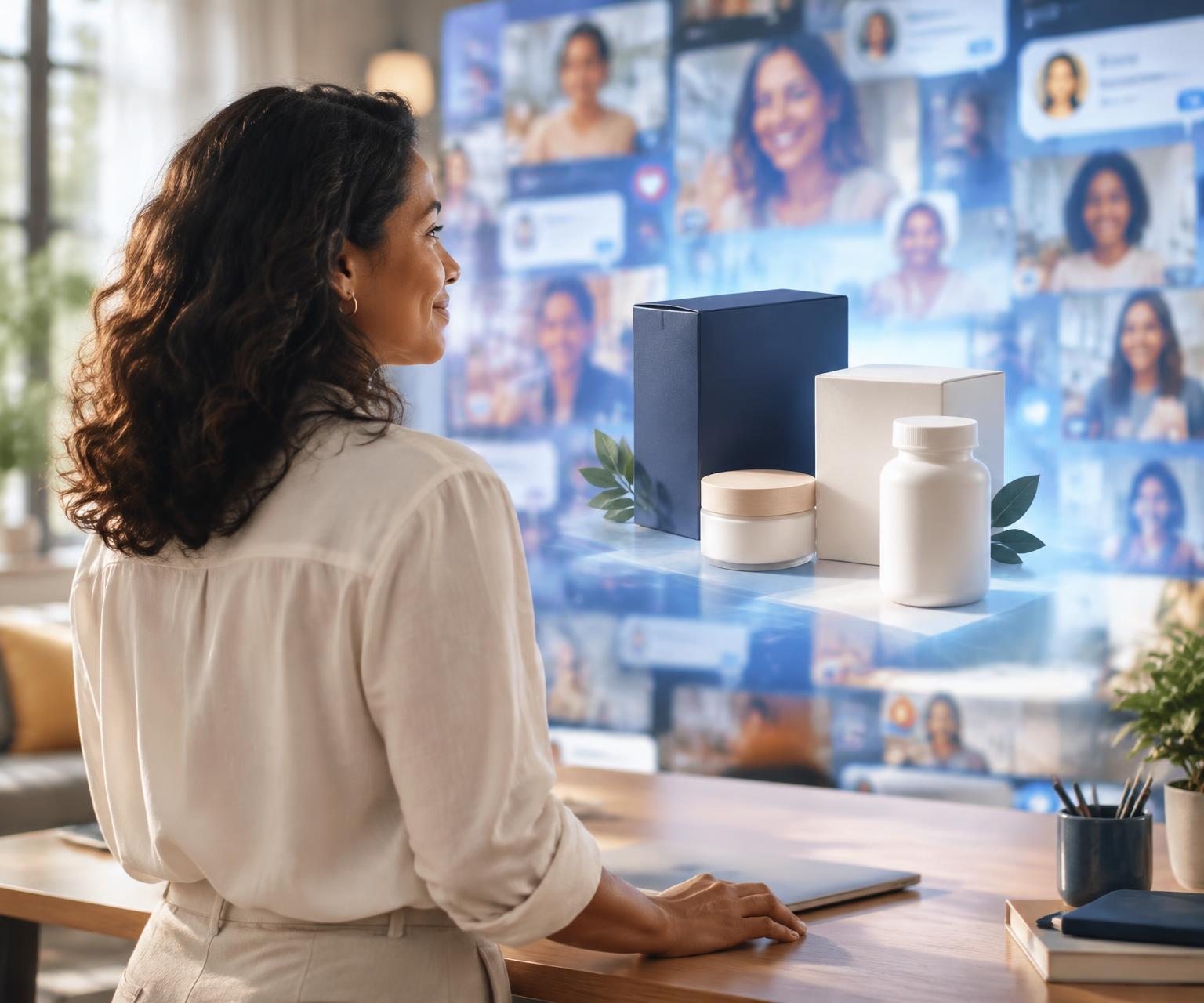 Criadora de conteúdo diante de sua audiência digital, que se transforma em produtos físicos premium